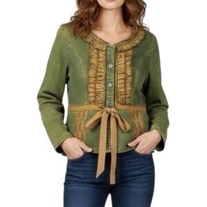 Vintage Joy London Green Denim Ruffle Beaded Boho Tie Waist Jacket Large
